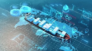 AI technology Cargo Container Ship with circular economy icon. Sustainable strategy approach to eliminate waste and pollution growth of transportation logistics and environment. Environmentally