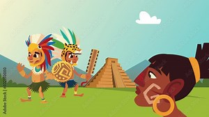 culture aztec pyramid and natives group scene animation Stock Video