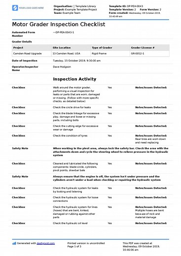 Motor Grader Inspection Checklist template (Free and editable)