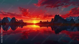 A crystal-clear lake reflects the red sky above, surrounded by towering crystal formations catch the first rays of dawn, a surreal and tranquil atmosphere, 4K Fantasy Landscape Wallpaper Animation