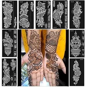 Henna Stencils 9 Sheet Henna Tattoo Kit, Reusable Henna Stickers for Hand Forearm Indian Arabian Self Adhesive Tattoo Templates