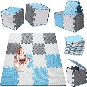 16Pcs Foam Baby Play Mat, 0.47 Inch Thickened Interlocking Foam Puzzle Tile Exercise Mats Floor Mats Foam Play Mats Jigsaw Mat Baby Child Rug Crawl Mat with Storage Bag(White/Gray/Baby Blue)