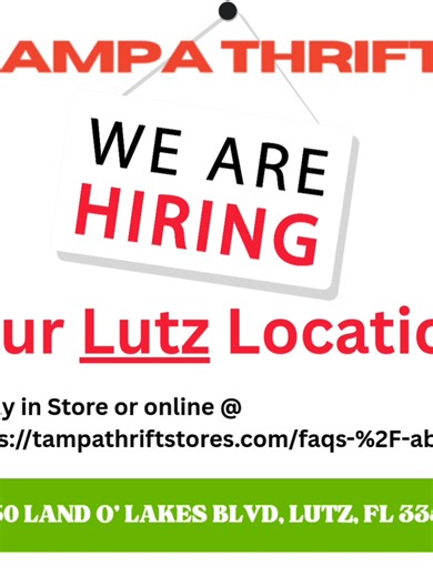 🚨 We’re Hiring in Lutz! 🚨 Tampa Thrift is looking for friendly, hardworking team members to join our Lutz location! 📍 1930 Land O' Lakes Blvd, Lutz, FL ✅ Apply in store today 📲 Or apply online at: https://tampathriftstores.com/faqs-/-about Join our team and help us bring affordable finds to the community every day! 👕👟👜