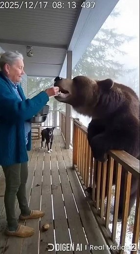Grandma feeding a huge friendly Bear on her porch... #fypシ #bear #animals