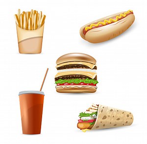 Fast food vector icon set. Burger, hot dog, french fries, soda and...