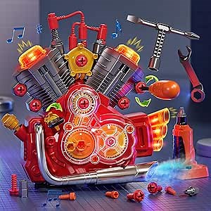 Jovow Engine Building Kit, Kids Mechanic Toys for Motorcycle Engine Toy, STEM Engine Model Kit Toy with Cool Light and Music, Educational Science Building for Boys Age 3+Year Old Mechanic Tools (Red)