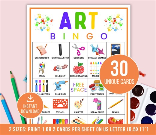 Art Bingo Cards, Printable Art Bingo, Art Party Bingo Cards, Art Birthday Game, Classroom Activity for Kids, Instant Download - Etsy