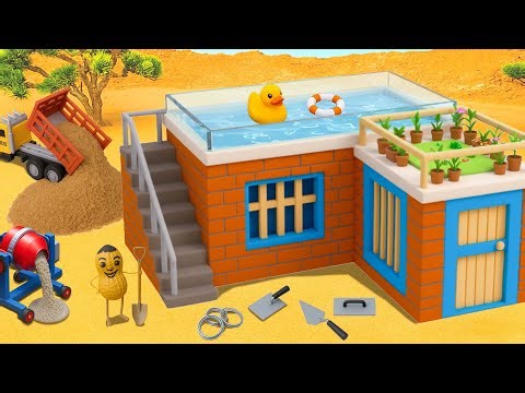 DIY Mini Brick House with Rooftop Swimming Pool | Mini Construction Project