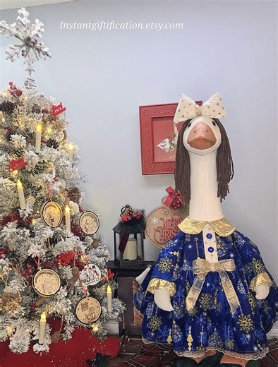 Christmas/ Blue and Gold Ornament Porch Goose Dress With Hair Bow & Wig! - Etsy