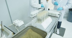 Pre-roll cone filling machine being loaded with ground cannabis. Lab technicians in lab jackets and blue medical gloves work in the background. Wide shot. SLOW MOTION
