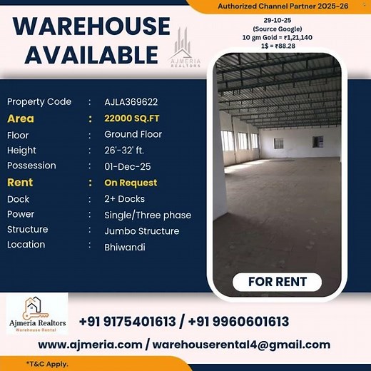 🏢 Jumbo Shed Warehouse – 22,000 sq.ft. Ground Floor for Rent in Bhiwandi!