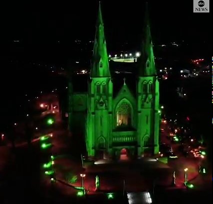 GREEN GLOW: Aerial footage captured a cathedral lit up green in Armagh, Ireland, ahead of St. Patrick's Day. https://abcn.ws/35ZlAAZ | ABC News