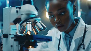 Woman wearing white lab coat conducting scientific study on microscope.