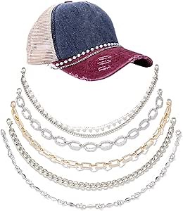 HUISUYTON 5 Pcs Trucker Hat Chains Hip Hop Punk Detachable Metal/Diamond/Pearl Chains Bill Decoration Hat Charms for Mesh Baseball Cap Trucker Hat Phone Case Purse