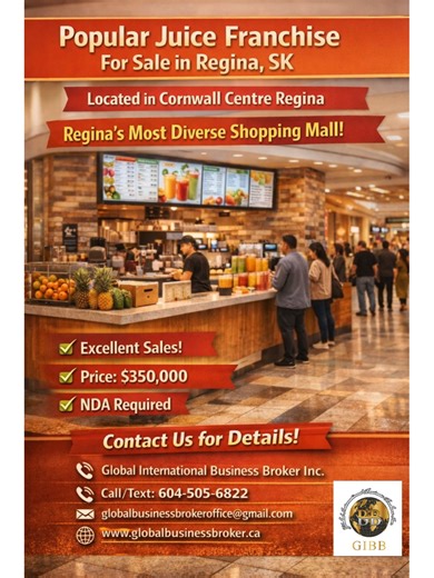 Confidential Juice Franchise Opportunity – Regina, Saskatchewan An excellent opportunity to acquire a well-established and high-performing juice franchise located in Cornwall Centre, one of Regina’s most prominent and high-traffic shopping destinations. This professionally operated business benefits from consistent customer flow, a strong brand presence, and an ideal retail location within a thriving commercial environment. The concept aligns perfectly with today’s growing demand for fresh, heal