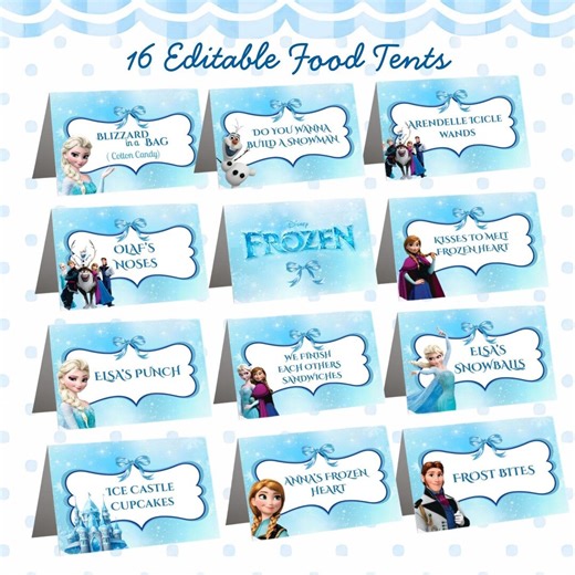 Editable Frozen Party Food Labels - Tents | Elsa & Anna Place Cards Frozen Birthday Decorations Printable Party Couqette Frozen Bow Trendy - Etsy