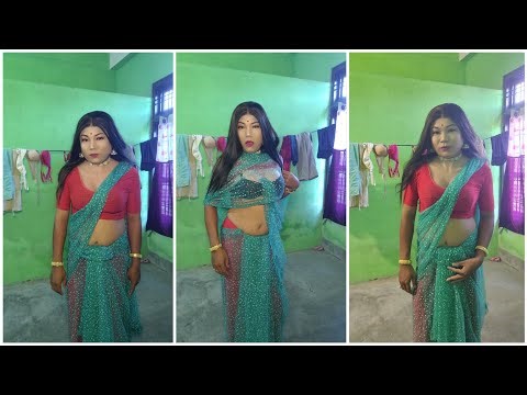 Crossdressers wearing saree male to female dressup net saree