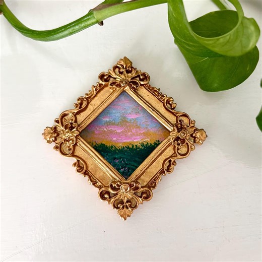 Petite Painting | Hand-painted Original Miniature Acrylic Painting in Gold Resin Frame | Sunset - Etsy
