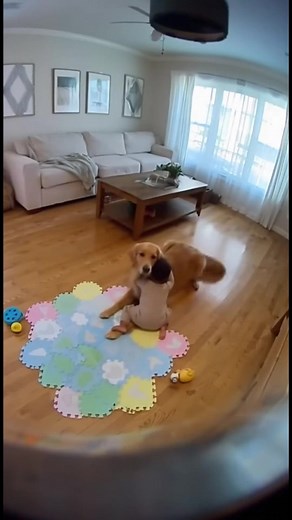 Baby Can’t Stop Laughing at Dog’s Jumps 😂🐶 | Cutest Friendship Ever Captured on a cozy home security camera — a golden retriever decides to make a baby's day! ☀️🐾 Each time the dog jumps, the baby laughs louder until they both end up cuddling on the floor 😭💛 Pure happiness, real friendship, and one of the sweetest moments ever caught on camera. . . . (For entertainment purposes only. Consult professionals if guidance on activities is presented. No brand affiliation is implied if any are sho