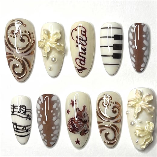 Vanilla & Music Press on Nails, 3D Flower and Pearl Charms Nails, Piano Keys and Music Notes Nails, Handmade Reusable Custom Size Nails - Etsy