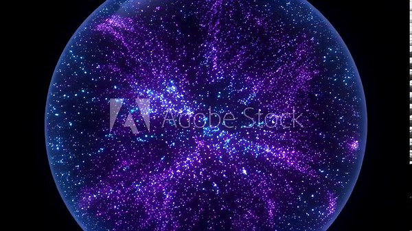 Vibrant purple plasma nebula inside glowing sphere with scattered blue stars and cosmic energy radiating filaments glowing blue bubble filled with tiny stars and subtle reflections floating against