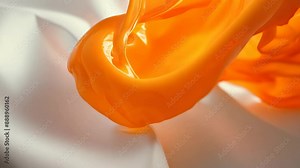 Cascading orange fabric transforms into liquid-like vortex, defying gravity. Interplay of light and shadow accentuates fluid motion, creating mesmerizing dance of color and texture. Stock Video
