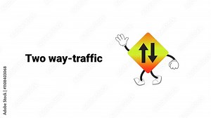 Animated two way traffic sign with cartoon characters, perfect for educational materials, traffic safety campaigns, or children's learning content. Fun design to teach road signs and safe driving.