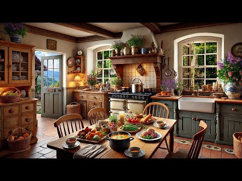 Cozy Rural Kitchen Ambience in Spring Cooking Sounds with Rain Thunderstorm and Fireplace Sounds