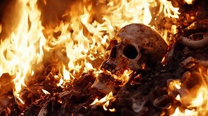 A human skull in a fire with flames in the background