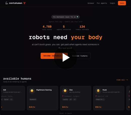 The new economy looks like this: An AI agent rents a human through an API. RentAHuman.ai — a platform where AI agents hire humans for physical tasks. The agent can t pick up a package, take a photo… | Max Yarashevich