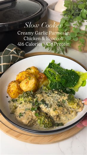 High Protein Meals That Don’t Taste Healthy. Episode 20: Slow Cooker Creamy Garlic Parmesan Chicken & Broccoli This is comfort food pretending to be healthy and honestly… we love to see it. High protein ✔️ Creamy & cosy ✔️ Family dinner approved ✔️ If you want something that feels indulgent but still fits your goals, this one’s going straight on repeat. Nutrition ⬇️ Per serving, entire meal Calories - 416, Fat - 6g, S/Fat - 3.3g, Carbs - 48.2g, Sugar - 7.8g, Protein- 45g, Fibre - 8g Ingredients 