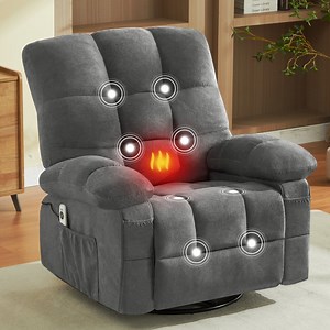360° Swivel Recliner Chair with Massage and Heat, Oversized Rocker Recliner Single Sofa with Charging Station and Side Pocket for Living Room, Grey - Walmart.com