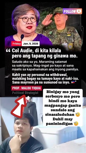 “MALINAW ANG BITAK SA CHAIN OF COMMAND” Ito ang reaksiyon ng kilalang political strategist na si Prof. Malou Tiquia kaugnay ng naging hakbang ni AFP Colonel Audie Mongao na hayagang binawi ang personal na suporta nito sa Pangulo. Sa isang pahayag, binigyang-diin ni Tiquia na kapag ang isang aktibong opisyal ng Armed Forces of the Philippines ay handang isakripisyo ang 34 na taon ng serbisyo, malinaw umano na may seryosong nangyayari sa loob ng institusyon. “Col. Audie Mongao, active #AFP #Army. 