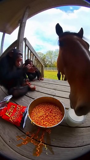 The funniest spicy food challenge ever! 🐴🔥 A curious horse eats super spicy noodles, and the monkeys can’t stop laughing at him! 😂 He runs to drink milk to cool down the heat — you’ve never seen something like this! #SpicyChallenge #funnyanimals #horsereaction #viralvideoシ #usareels #comedyshorts #animalsdoingthings | Baby Fury Futbol