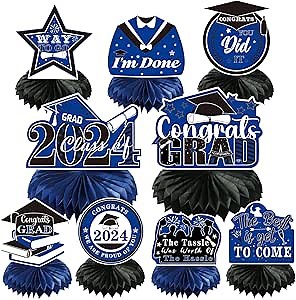 Graduation Party Decorations 2024-9PCS Blue Graduation Decorations Class of 2024 Happy Graduation Table Decorations Congrats Grad Party Honeycomb Centerpieces Supplies College High School