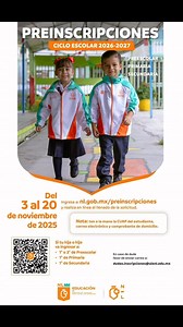 Ya comenzamos las preinscripciones al ciclo escolar 2026-2027, realiza tu trámite en nl.gob.mx/preinscripciones Recuerda que este es un trámite GRATUITO y si tienes alguna duda puedes enviar un correo electrónico a dudas.inscripciones@uienl.edu.mx Recuerda que al hacer el trámite te arroja un folio que debes imprimir o anotar y entregar a la maestra Mary de 6o A o a la Maestra Paulina de 6o B. Guía de ingreso y edades: Si tu hija o hijo nació: • En el año 2023 ingresa a 1° de Preescolar • En el 