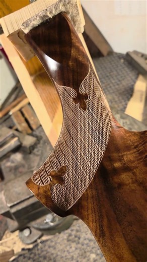 Skip-line fleur checkering on a custom black walnut K80 stock made by Neale Flynn. #handmade #wood