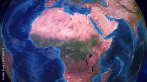 Realistic 3D Animation of Earth zooming in to Djibouti with its border highlighted with its National Flag in 4K