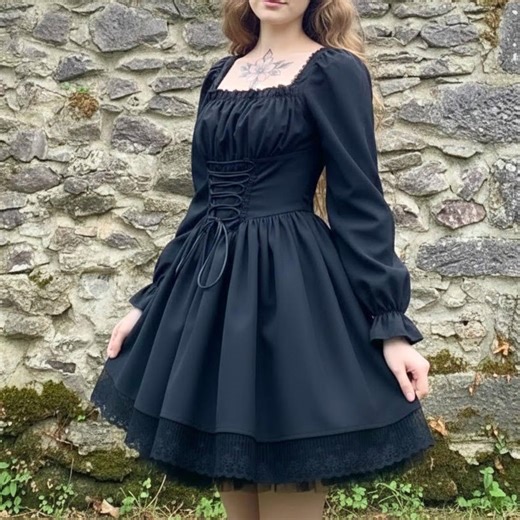 Gothic Black Corset Dress With Lace Trim Polyester Fabric Long Sleeve Lace-up Waist Vintage Witchcore Outfit Women Medieval Elegant Fashion - Etsy