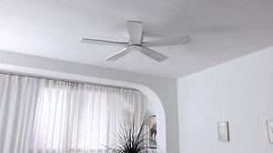 WINGBO 48" Flush Mount DC Ceiling Fans Without Lights, 5 Carved Solid Wood Blades, 6-Speed Reversible DC Motor, Low Profile Hugger Ceiling Fan No Lights for Living Room Bedroom Patio, Gloss White