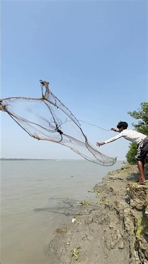 The little boy dared to cast a net in a big river to catch fish.#hilight #village #bigfish #nature