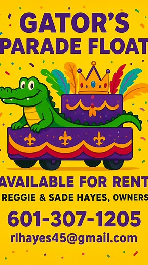 🎉 Make your next parade unforgettable with Gator’s Parade Float! 🐊✨Perfect for Mardi Gras, homecoming, or community celebrations — our float is ready to roll in style!📞 Call or text: 601-307-1205📧 Email: rlhayes45@gmail.com👑 Owners: Reggie & Sade HayesBook today and let your crew ride in style with Gator’s Parade Float! 🎭💜💛💚#GatorsParadeFloat #ParadeSeason #MardiGrasVibes #SupportLocal #FloatRental | Reggie Hayes