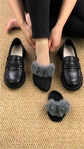 Elegant Black Fur Slippers & Chunky Penny Loafers Cozy Shoes Style #shoes #fashion #shortsfeed