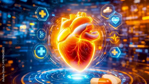 Glowing human heart anatomy with medical interface symbols and health data visualization showing advanced cardiac care technology