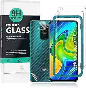 Ibywind Screen Protector For Redmi Note 9,with 2Pcs Tempered Glass,1Pc Camera Lens Protector,1Pc Backing Carbon Fiber Film [Fingerprint Reader,Easy to install]