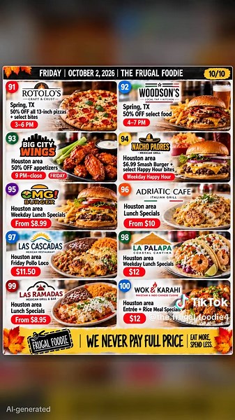 100 Food Deals Friday: Freebies, BOGOs & Cheap Eats (Houston/Spring)