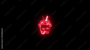 Neon Robot Glowing Outline Icon and Symbol Animation on Black Background, HD Video.