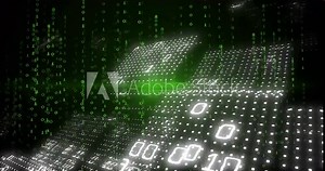 Panel grids lighting by binary streams cascading and green flare scanning to visualize data flow