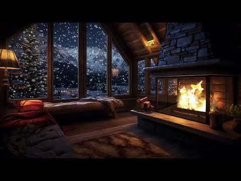Soothing Winter Night Relaxation | Cozy Cabin with Fireplace & Snowfall Sounds | Resting Area