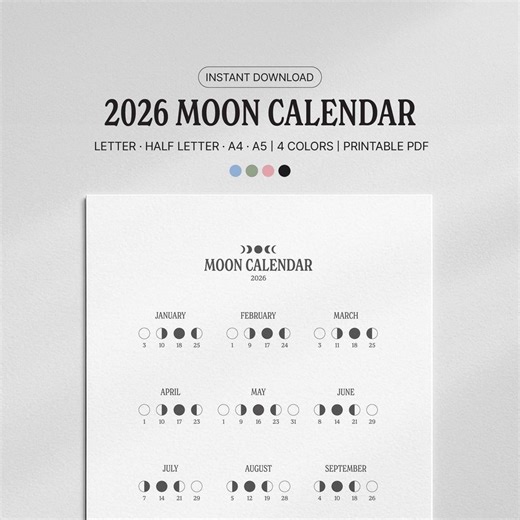 Moon Calendar 2026 | Lunar Phase Calendar Printable | Minimalist Astrology Template (letter · Half · A4 · A5) - Etsy